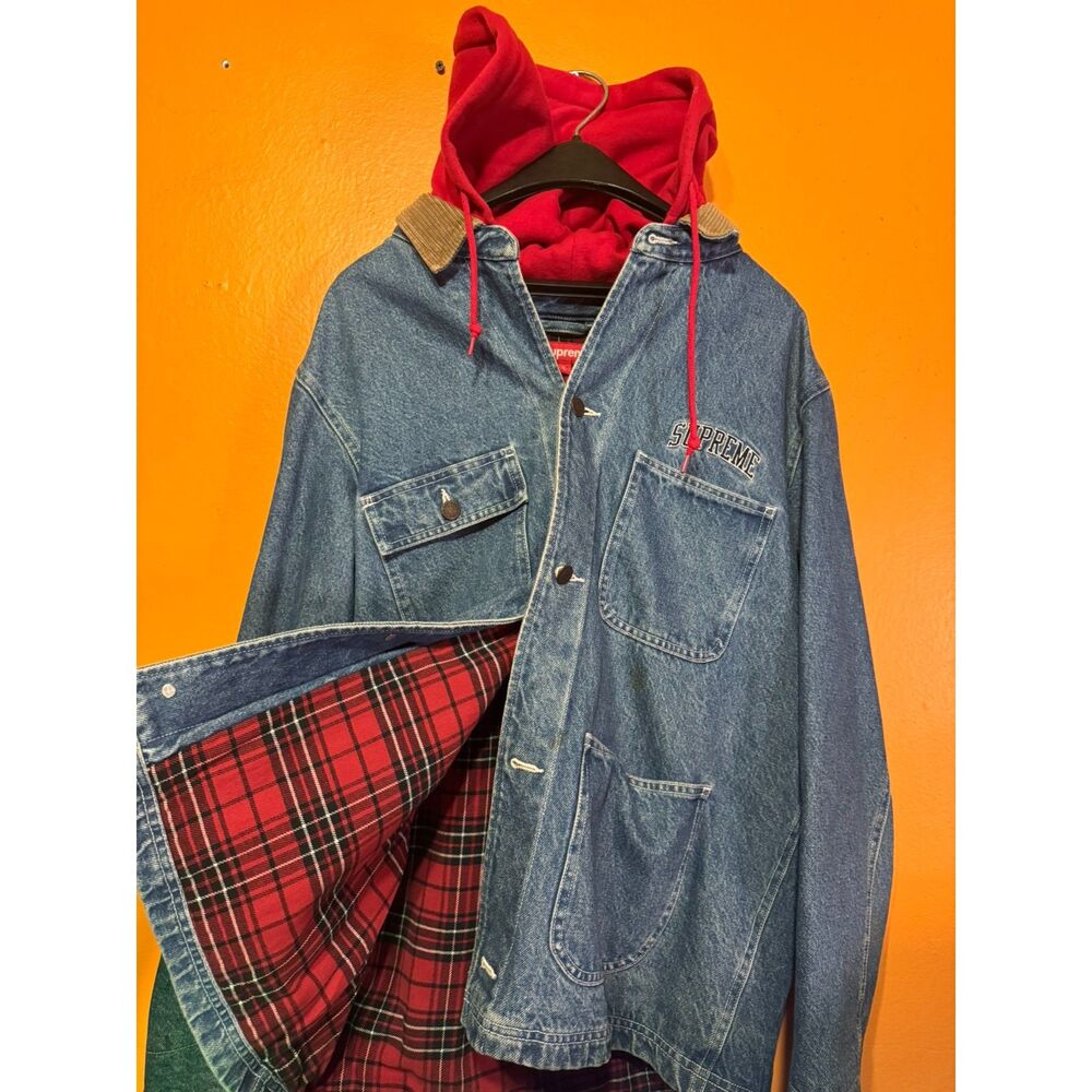 Supreme SS17 Men's Hooded Denim Flannel Lining Chore Coat Jacket Size L Blue/Red